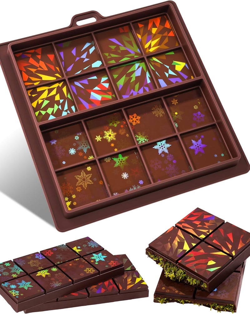 NiHome 0.67 Inch Holographic Dubai Chocolate Molds, Silicone Chocolate Bar Mold for Black Chocolate, Dishwasher Safe & Wall Hanging, Christmas Valentine Gift (Snowflake and Firework Patterns) - Image 1